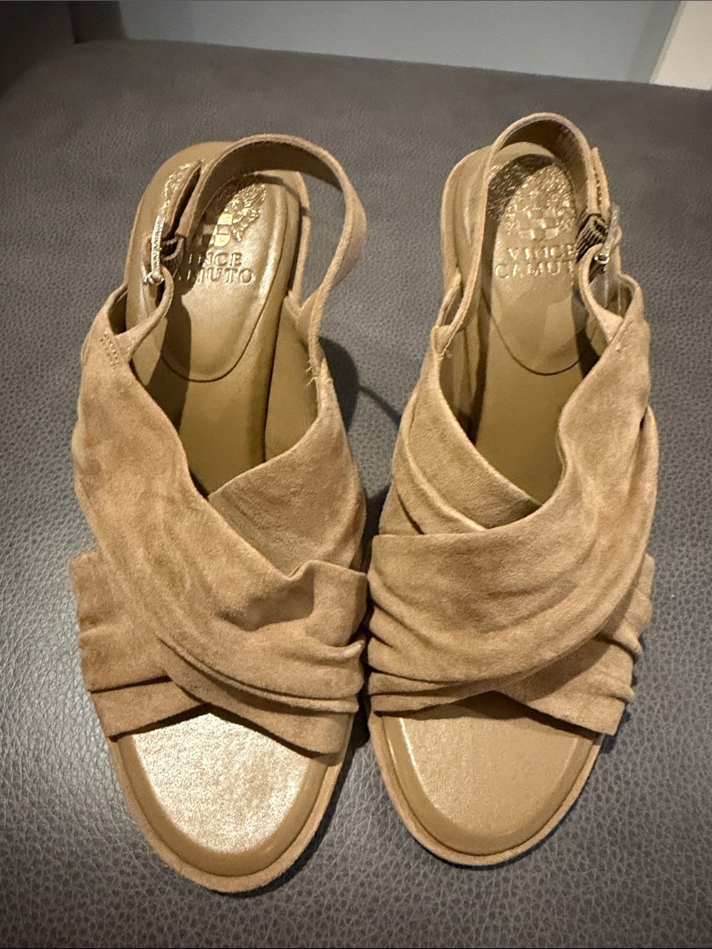 Vince Camuto Tan Suede Draped Slingback Wedge Sandals
